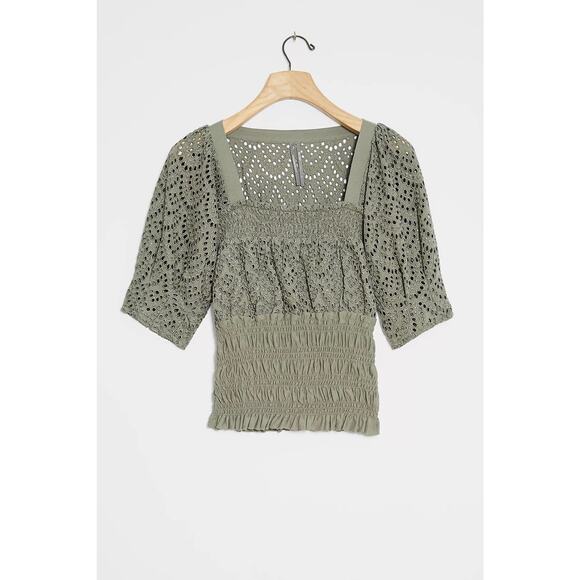 Anthropologie Sage Green Eyelet Smocked Peasant Top Medium Cottagecore Feminine - Picture 1 of 7